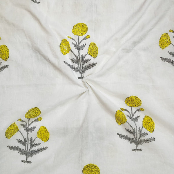 PRE-CUT 2.25 METER Pure Cotton Jaipuri White With Yellow Mughal Flower Hand Block Print Fabric