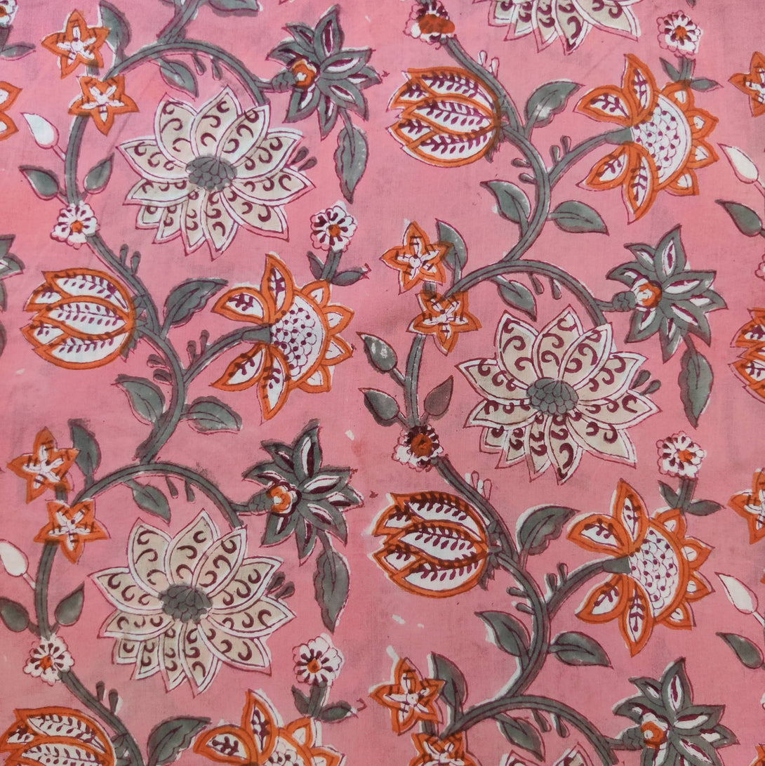 PRE-CUT 2.30 METERS Pure Cotton Jaipuri Pink With Orange And Cream Wil ...