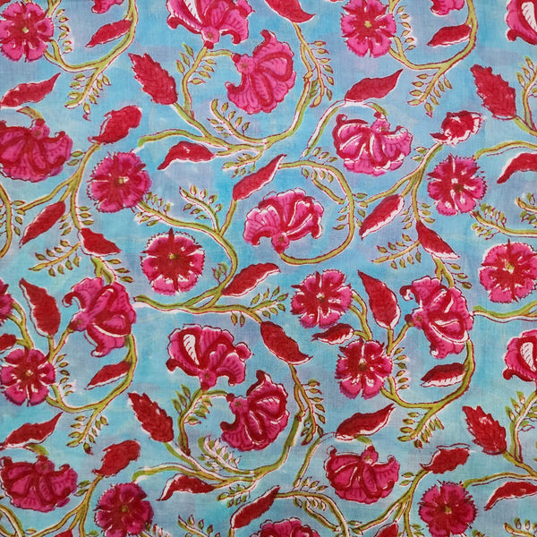 PRE-CUT 2 METER Mul Pure Cotton Jaipuri Blue With Dark Pink Flower Jaal Hand Block Print Fabric