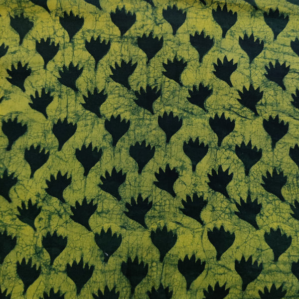 PRE-CUT 2 METER Pure Cotton Akola Dabu Yellow Green With Dark Green Flower Hand Block Print Fabric