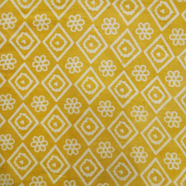 PRE-CUT 2 METER Pure Cotton Dabu Yellow With Cream Diamond And Flower Motifs Hand Block Print Fabric