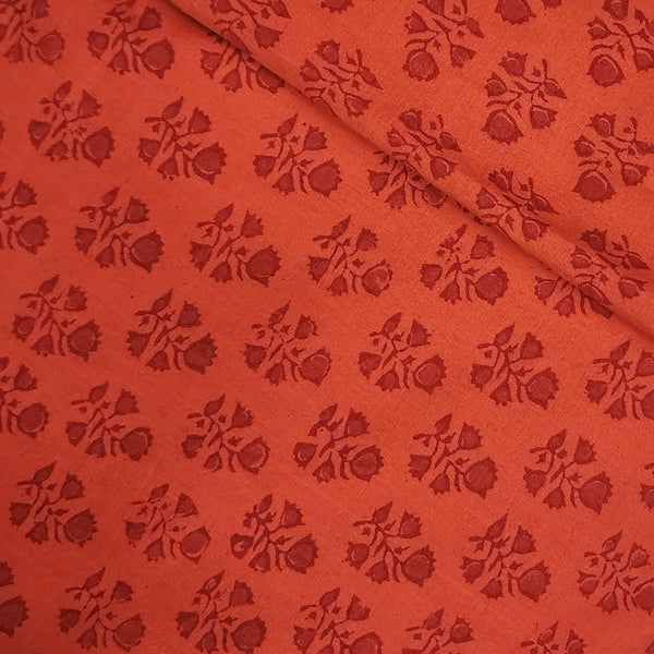 PRE-CUT 2 METER Pure Cotton Gamthi Orange With Red Light Orange Small Plant Motifs Border Hand Block Print Fabric