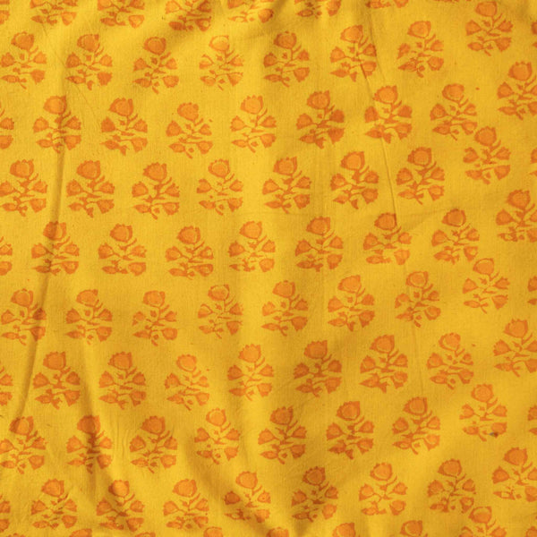 PRE-CUT 2 METER Pure Cotton Gamthi Yellow With Tiny Orange Motifs Hand Block Print Fabric