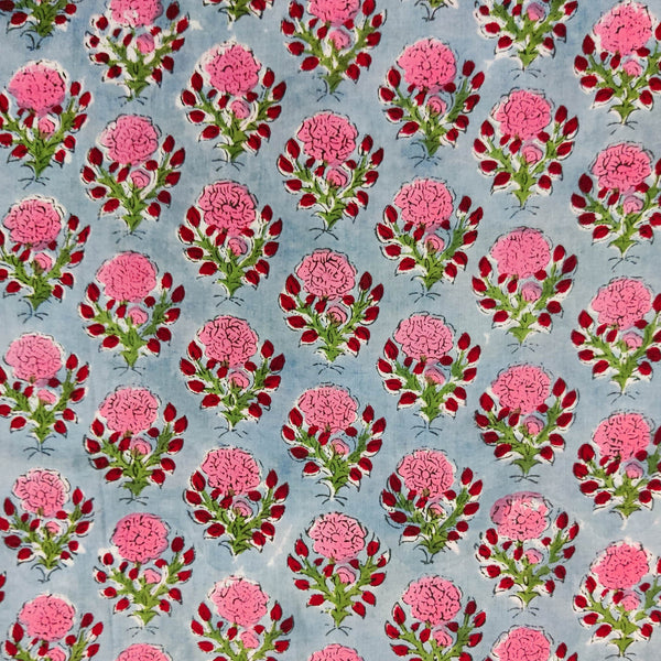 PRE-CUT 2 METER Pure Cotton Jaipuri Sky Blue With Pink Rose Flower Motifs Hand Block Print Fabric