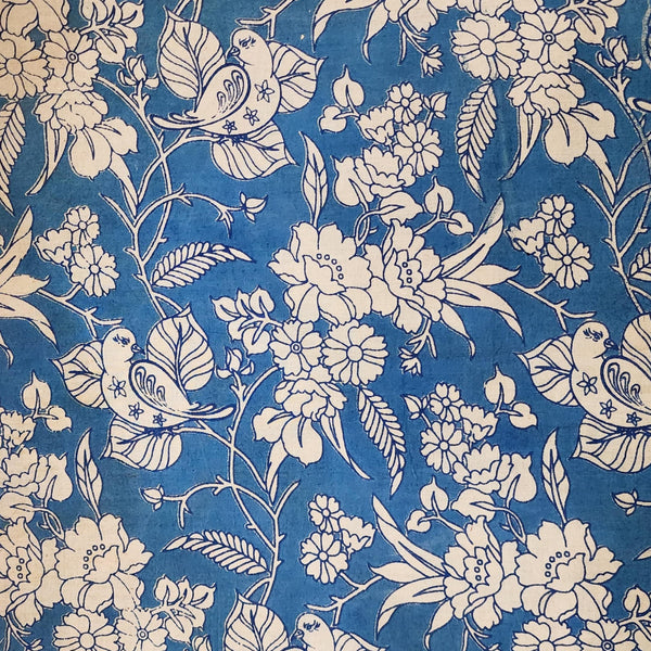 PRE-CUT 2 METER Pure Cotton Kalamkari Blue With Cream Flowers Jaal Hand Block Print Fabric