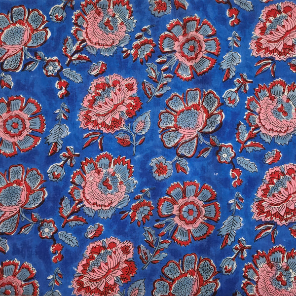 PRE-CUT 2 METER Pure Cotton Red And Grey Flowers With Blue Jaipuri Hand Block Print Fabric