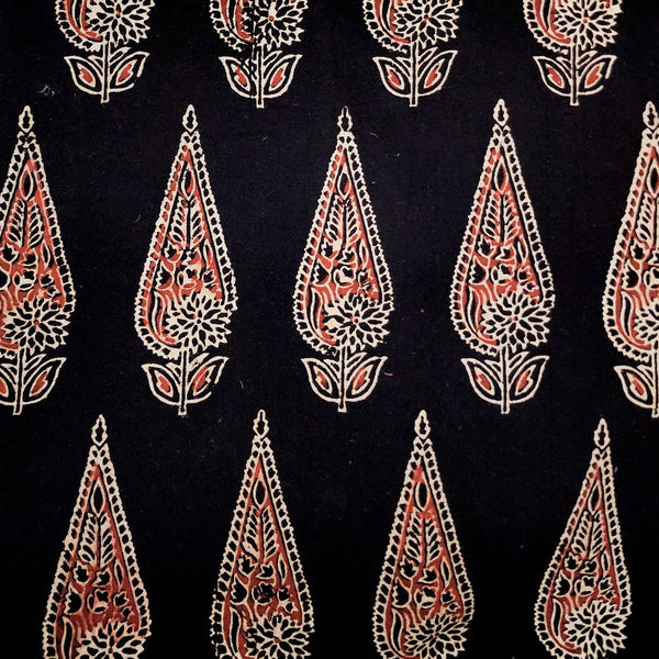 PRE-CUT 2 METER Pure Cotton Vegetable Dyed Ajrak Black With Cream And Rust  Big Leafs Motifs  Hand Block Print Fabric