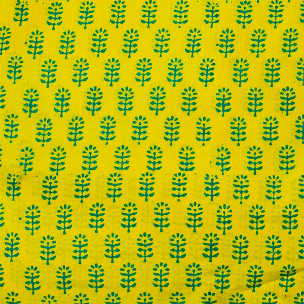 PRE-CUT 2 METER Pure Cotton Yellow Gamthi With Teal Blue Motifs Hand Block Print Fabric