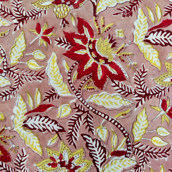 PRE-CUT 2 METERS Pure Cotton Jaipuri Peach With Red And Mustard Wild Flowers Jaal Hand Block Print Fabric