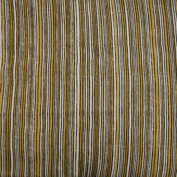 ( PRE-CUT 2 METER ) Pure Cotton Dabu Bagru Mustard Beige Black Stripes Hand Block Print Fabric