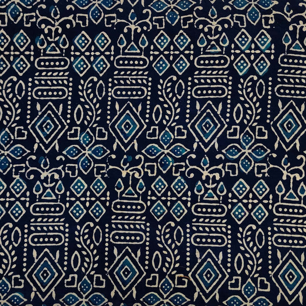 PRE-CUT 80 CM Pure Cotton Gamthi Blue With Light Blue Cream Tribal Motifs Hand Block Print Fabric