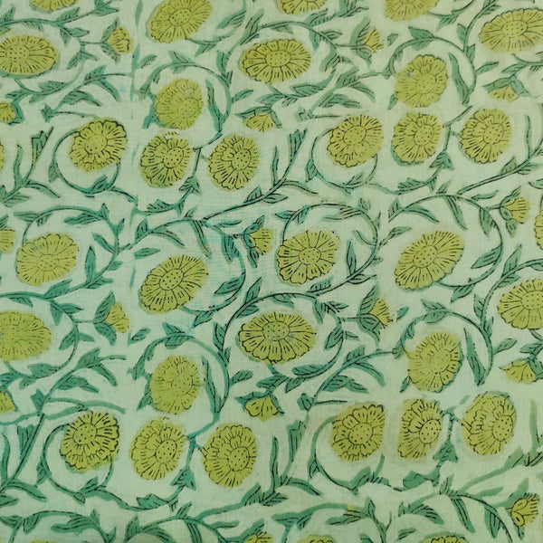 PRE-CUT 80 CM Pure Cotton Green Vanaspati With Small Floral Jaal Hand Block Print Fabric