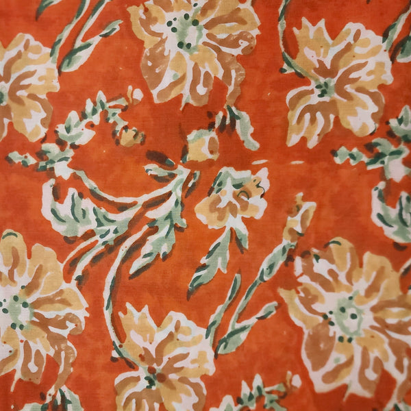 PRE-CUT 80 CM Pure Cotton Jaipuri Orange With Light Brown Wild Flower Jaal Hand Block Print Fabric