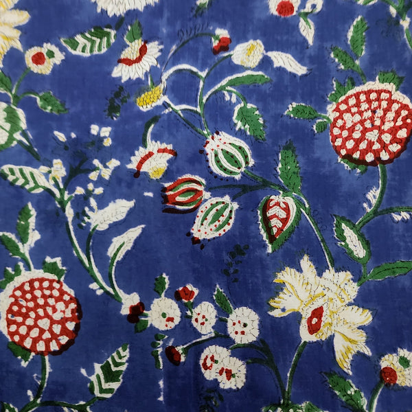 PRE-CUT 80 CM Pure Cotton Jaipuri With Dark Blue Wild Fruit Jaal Hand Block Print Fabric