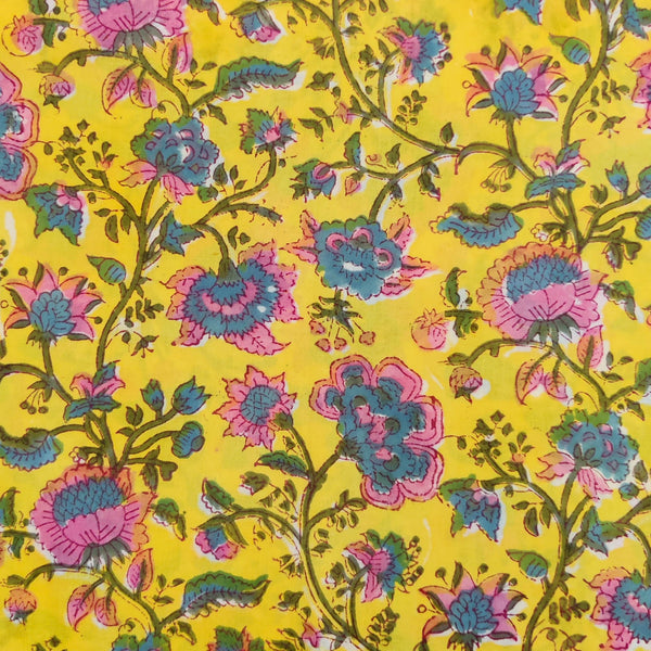 PRE-CUT 80 CM Pure Cotton Jaipuri Yellow With Pink And Blue Flower Jaal Hand Block Print Fabric