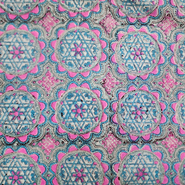 PRE-CUT 90 CM Pure Cotton Jaipur Grey With Light Blue And Pink All Over Chakra Flower Hand Block Print Fabric