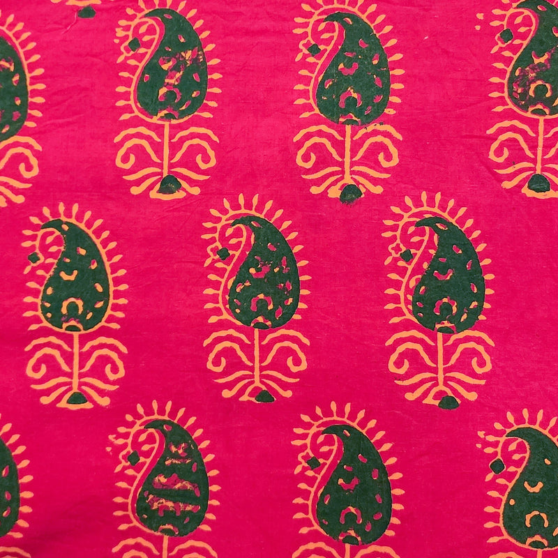 PRE-CUT 95 CM Pure Cotton Gamthi Pink With Dark Green Kairi Motif Hand Block Print Fabric