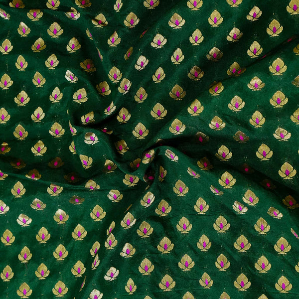 (Pre-cut 0.90cm )Patola Brocade Green With Tiny Gold And Pink Motifs Woven Fabric