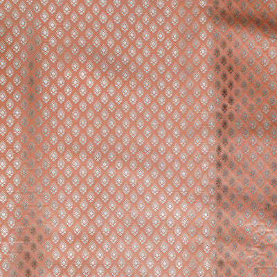 Peach With Silver Zari Leaf Motif Brocade Woven Fabric