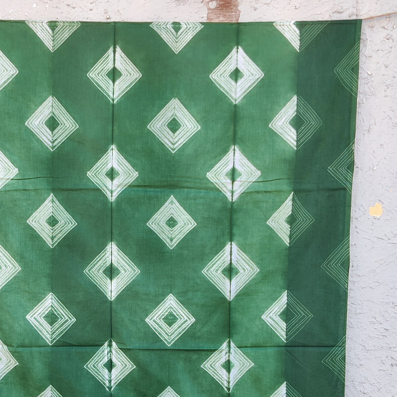 ( Pre-Cut 2.60 Meter ) Pin Shibori Dark Green With White Diamond  Intricate Design Tie And Dye Fabric