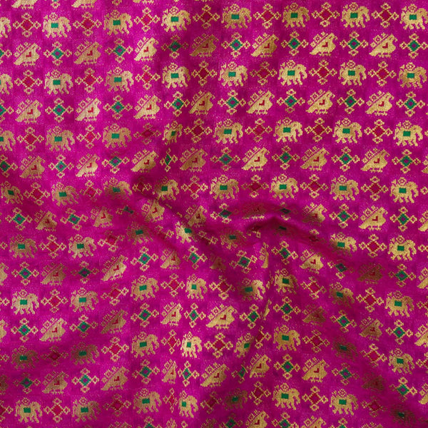 ( Pre-Cut 1.65 Meter ) Pink Brocade With Gold And Green Patola Bird And Elephant Woven Fabric