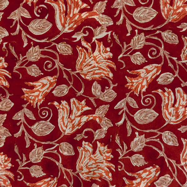 ( Pre-Cut 1.60 Meter) Pure Cotton Jaipuri Red With Orange Lily Jaal Hand Block Print Fabric