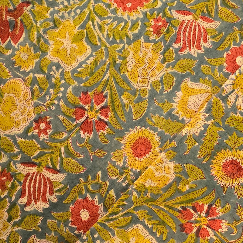Pure Coton Mul Jaipuri Grey With Mustard And Orange Flower Jaal Hand Block Print Fabric