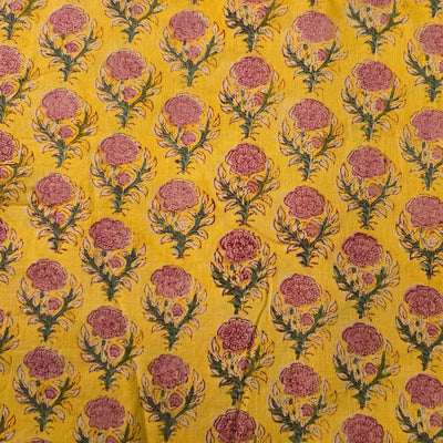Pure Coton Mul  Jaipuri Mustard With Pink Flower Motif Hand Block Print Fabric