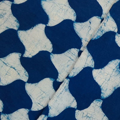 ( Pre-Cut 1 Meter ) Pure Coton Special Akola Indigo With Geometric Curvy Diamond Motif Hand Block Print Fabric
