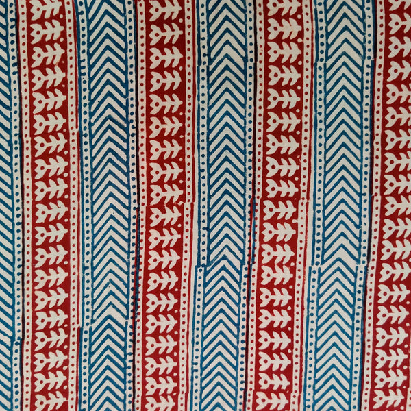 ( Pre-Cut 1.60 Meter ) Pure Cotton Bagru With Red And Blue Arrow Heads And Flowers Hand Block Print Fabric
