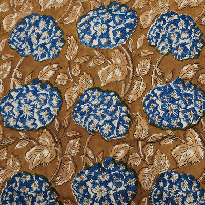 Pure Cottn Jaipuri Brown Mustard With Blue Big Flower Jaal Hand Block Print Fabric
