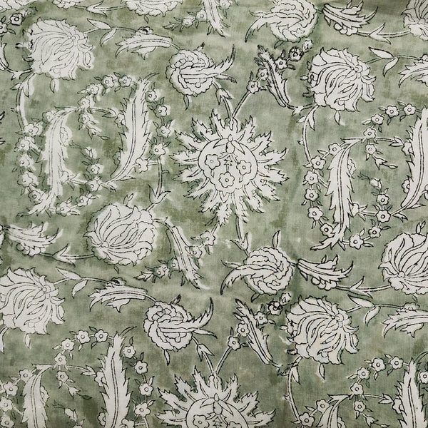 Pure Cottn Jaipuri Pastel Green Grey With White Jaal Hand Block Print Fabric