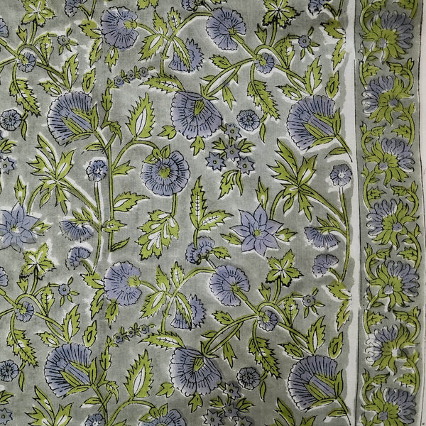 (Pre-cut 0.85 cm ) Pure Cottn Jaipuri Pastel Grey With Beautiful Floral Jaal Hand Block Print Fabric