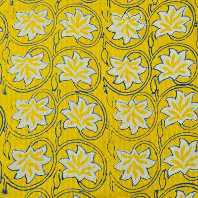 Pure Cotton Doby Dabu Yellow With  White Flowers And Blue Jaal Hand Block Print Fabric