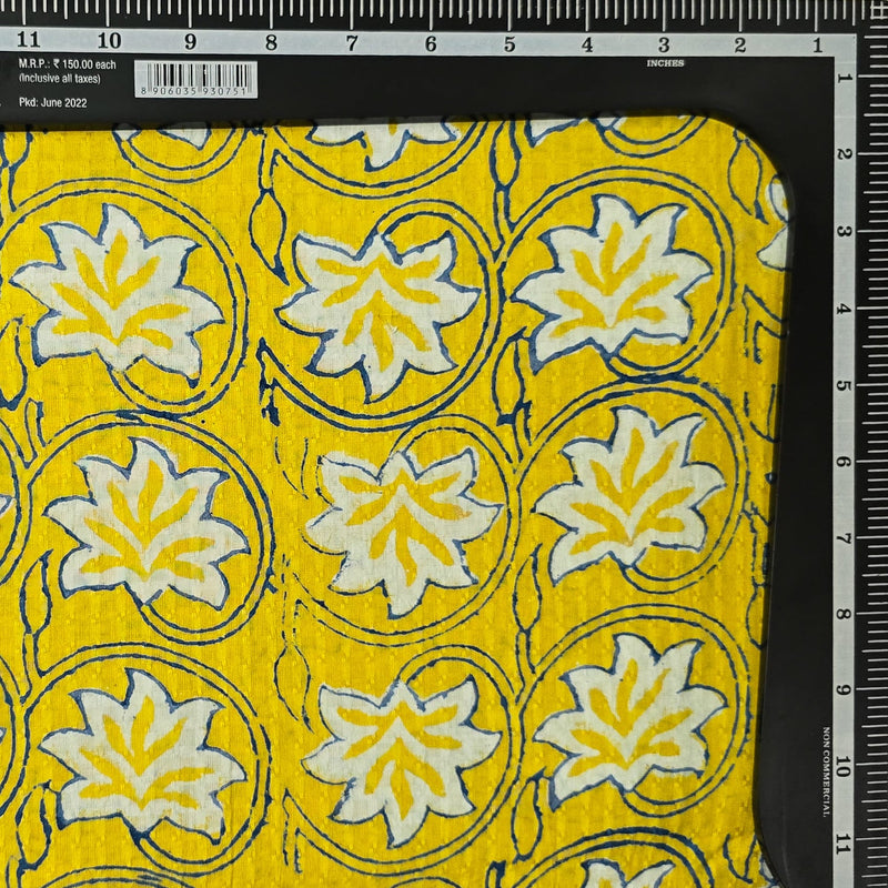 Pure Cotton Doby Dabu Yellow With  White Flowers And Blue Jaal Hand Block Print Fabric
