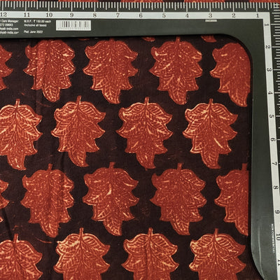 Pure Cotton Ajrak Black With Rust Red Leaves Motif Hand Block Print Fabric