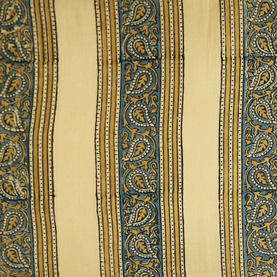 Pure Cotton Ajrak Big Cream Intricate Design With Blue Border Hand Block Print Fabric