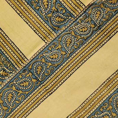 Pure Cotton Ajrak Big Cream Intricate Design With Blue Border Hand Block Print Fabric