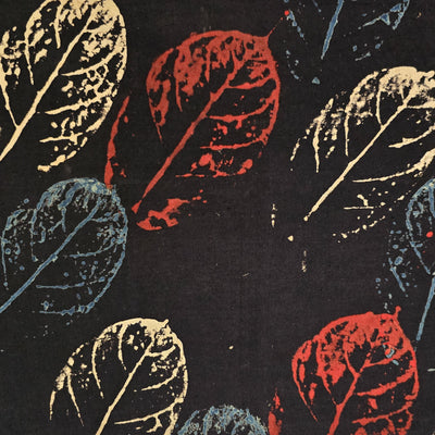 Pure Cotton Ajrak Black Big Colourfull Leaves Motif Hand Block Print Fabric