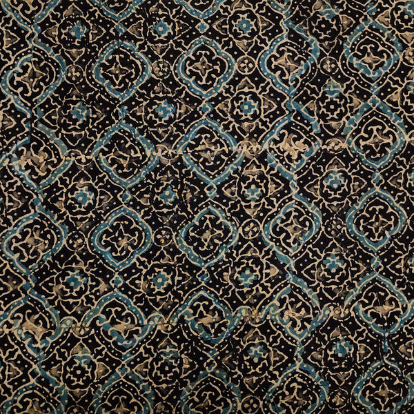 ( Pre-Cut 2 Meter ) Pure Cotton Ajrak Black Brown With Curvy Star Tile Hand Block Print Fabric