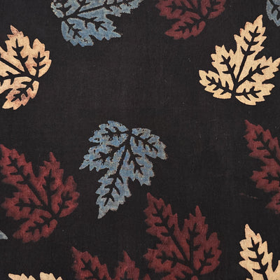 Pure Cotton Ajrak Black Maple  Leaves Motif Hand Block Print Fabric