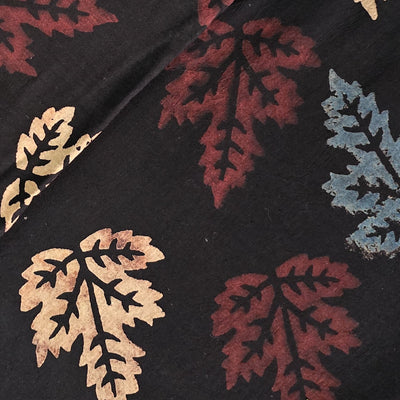 Pure Cotton Ajrak Black Maple  Leaves Motif Hand Block Print Fabric
