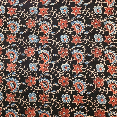 Pure Cotton Ajrak Black With Blue And Rust Flower Jaal Hand Block Print Fabric
