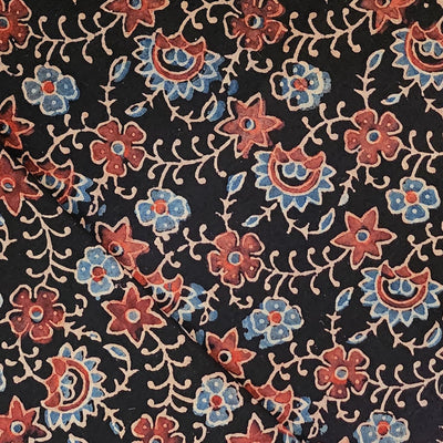 Pure Cotton Ajrak Black With Blue And Rust Flower Jaal Hand Block Print Fabric