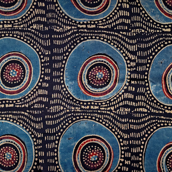 (Pre-Cut 0.95 Meter) Pure Cotton Ajrak Black With Blue Big Circle Intricate Design Hand Block Print Fabric