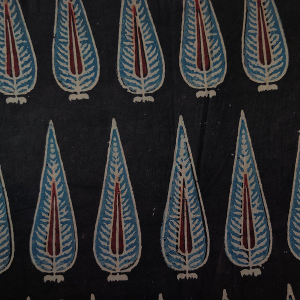 Pre-Cut 1.80 Meter Pure Cotton Ajrak Black With Blue Cypress Hand Block Print Fabric