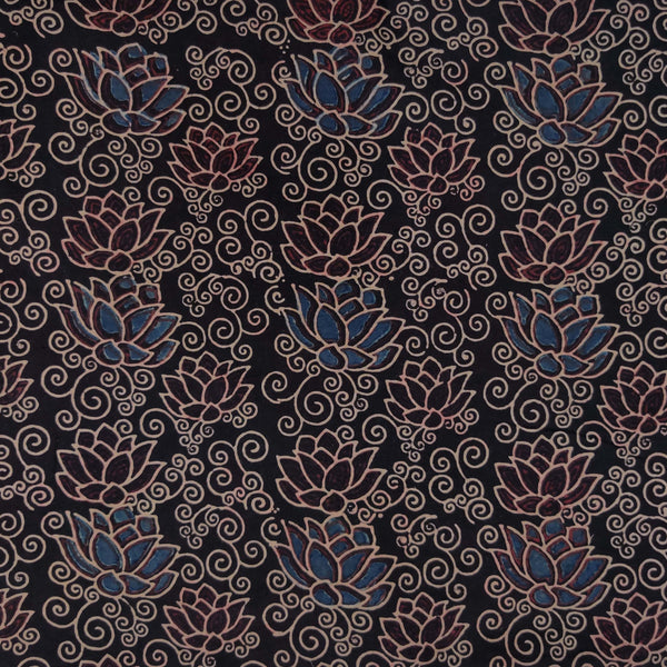 ( Pre-Cut 0.85 Meter  ) Pure Cotton Double Ajrak Black With Blue Maroon Lotus Jaal Hand Block Print Fabric