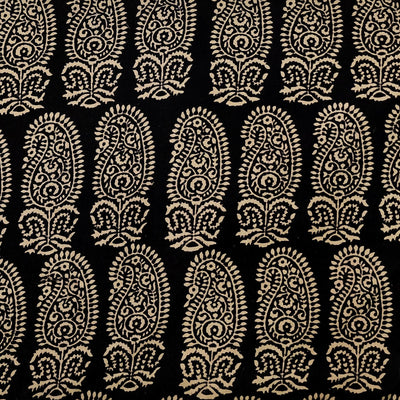 Pure Cotton Ajrak Black With Cream And Big Kairi Motif Hand Block Print Fabric