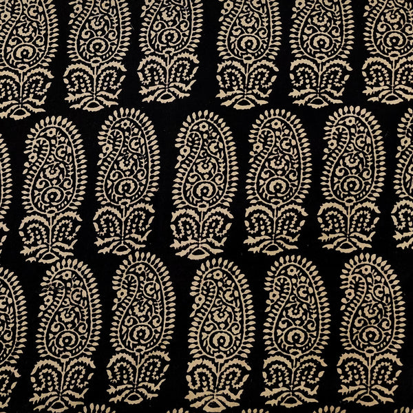 ( Pre-Cut 1.90 Meter )Pure Cotton Ajrak Black With Cream And Big Kairi Motif Hand Block Print Fabric