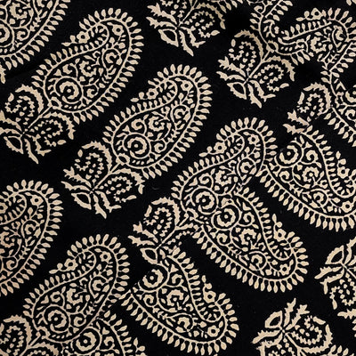 Pure Cotton Ajrak Black With Cream And Big Kairi Motif Hand Block Print Fabric